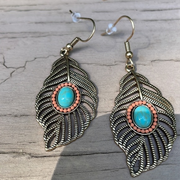 Feather Turquoise Stone Silver Drop Earrings - Picture 8 of 14